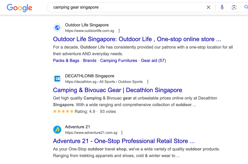 The top 3 search results for camping gears singapore
